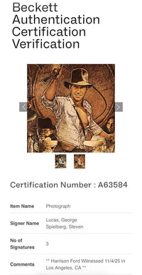 Harrison Ford George Lucas & Steven Spielberg Signed 12x18 (Indiana Jones)  - Beckett COA **RARE**