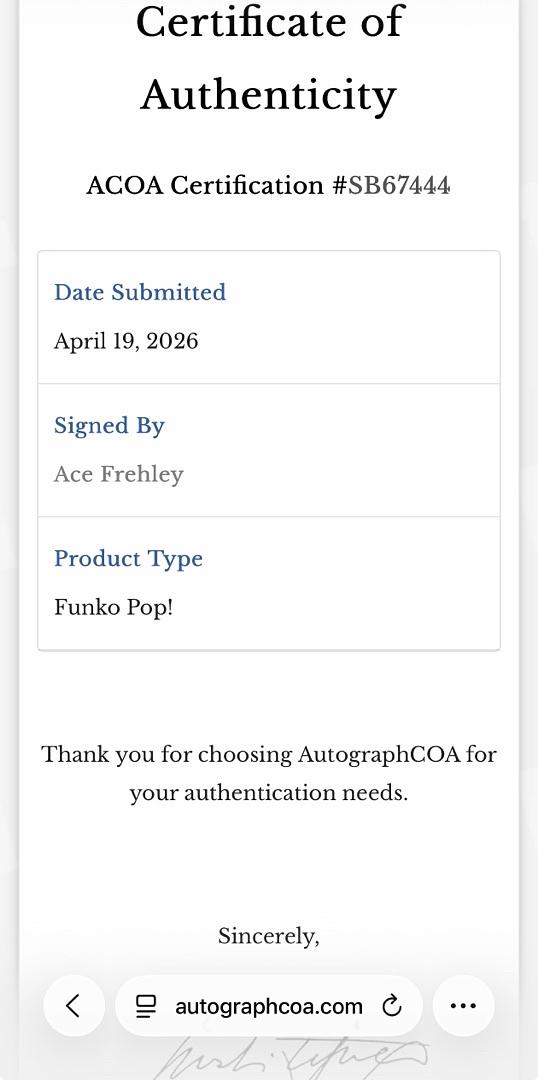 Ace Frehley Signed Funko Pop #123 "The Spaceman" (KISS) - ACOA COA