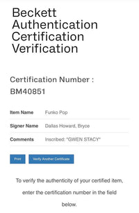Bryce Dallas Howard Signed Funko Pop #1275 "Gwen Stacy" (Spider-Man) - Beckett COA