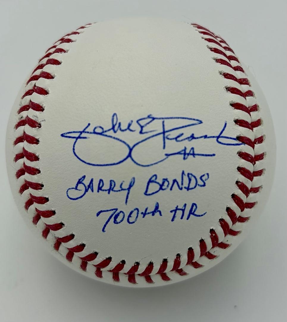 Jake Peavy signed baseball w/Barry Bonds 700th inscription - Sure Shot Promotions