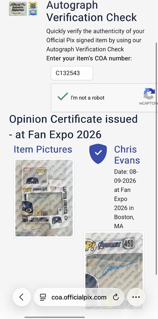 Chris Evans Signed Funko Pop #450 Captain America (Avengers) - Official Pix COA