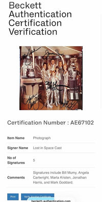 Lost in Space Cast Signed 8x10 (Goddard, Harris, Cartwright, Kristen & Mummy) - Beckett COA