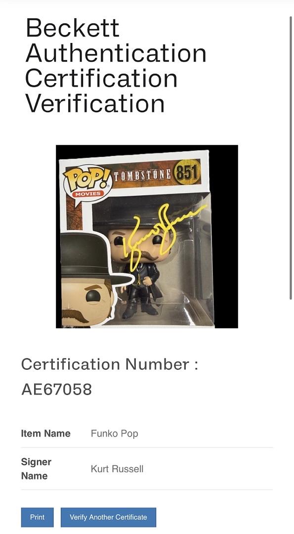 Kurt Russell Signed Funko Pop #851 Wyatt Earp Tombstone (Yellow Ink) - Beckett COA