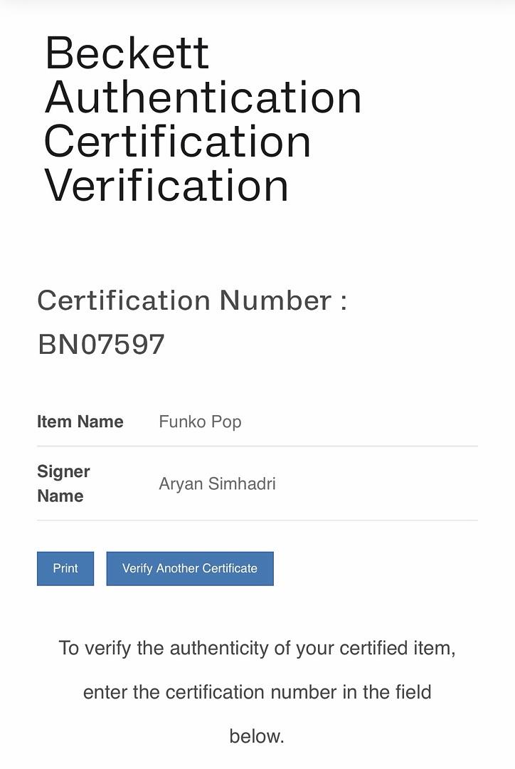 Aryan Simhadri signed Funko (Percy Jackson) - Beckett COA