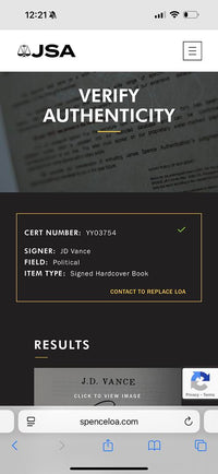 JD Vance (Vice-President) Signed "Hillbilly Elegy" Book #02