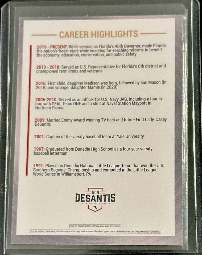 Ron DeSantis signed limited edition baseball card - JSA COA w/full letter of authenticity