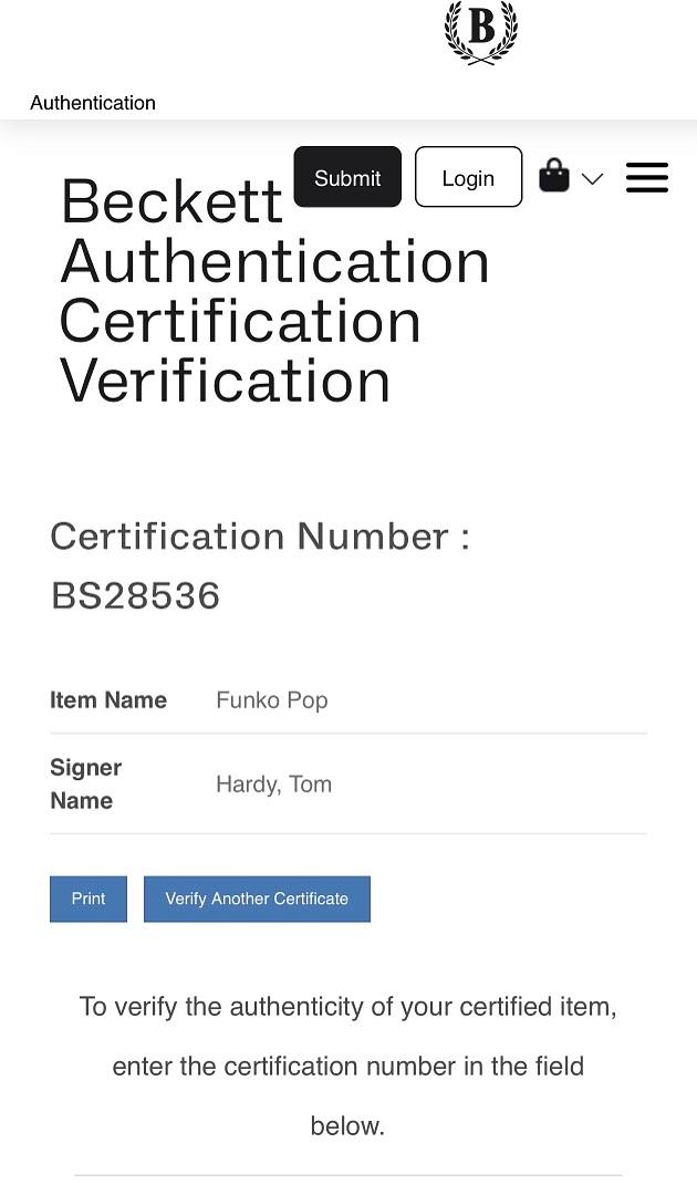 Tom Hardy Signed Funko Pop #1398 "Alfie Solomons" (Peaky Blinders) - Beckett COA