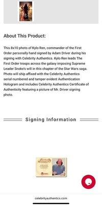 Adam Driver signed 8x10 (Star Wars) - Celebrity Authentics COA