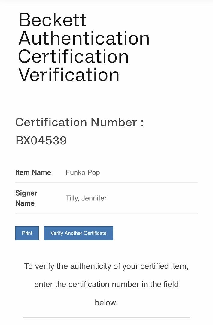 Jennifer Tilly Signed Funko Pop #1250 "Tiffany" (Bride Of Chucky) - Beckett COA