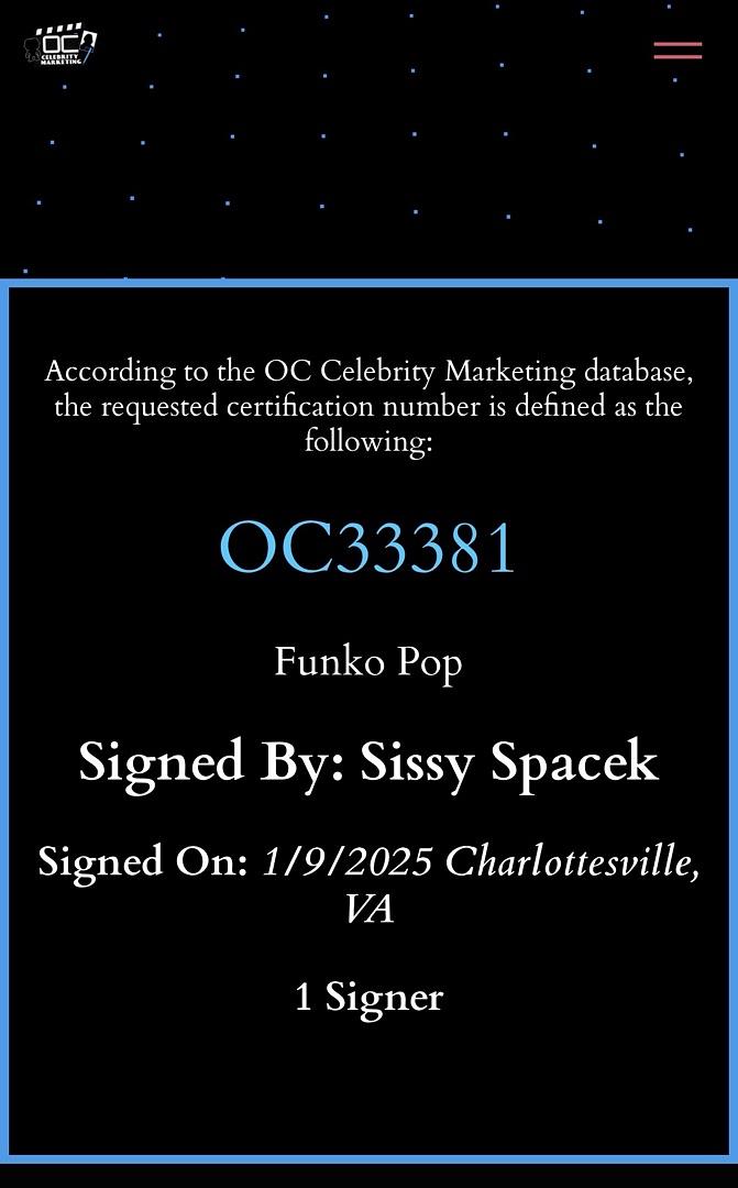 Sissy Spacek Signed Funko Pop #1247 (Carrie) - Beckett COA & OC Celebrity Mtkg