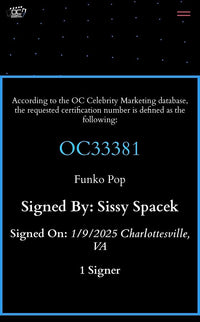 Sissy Spacek Signed Funko Pop #1247 (Carrie) - Beckett COA & OC Celebrity Mtkg