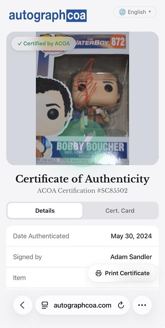 Adam Sandler Signed Funko Pop #872 "The Waterboy" - ACOA COA