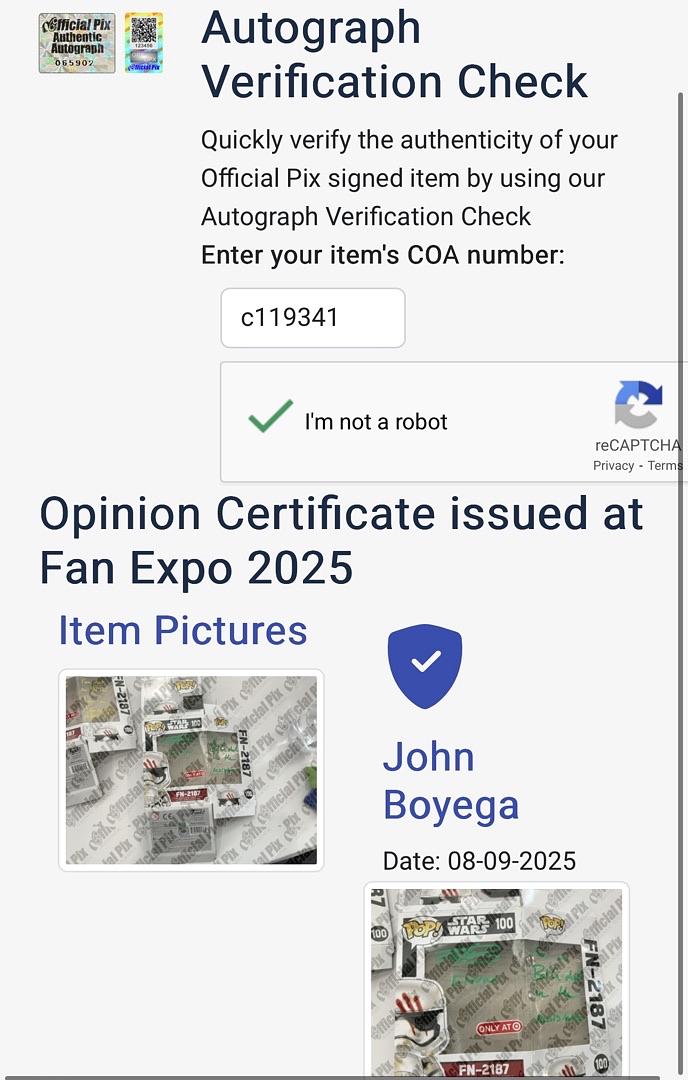 John Boyega signed "FN-2187" Funko Pop #100 w/character name and long quote - Official Pix COA