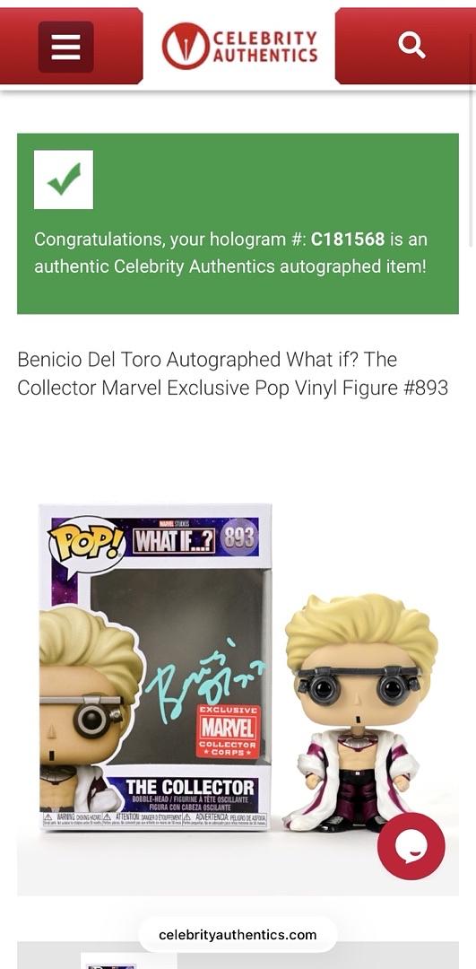 Benicio Del Toro Signed Funko Pop #893 The Collector (GOTG)  - Celebrity Authentics