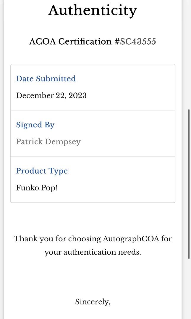Patrick Dempsey signed Funko #1075 "Grey's Anatomy" - ACOA COA