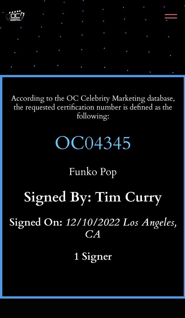 Tim Curry Signed Emperor Palpatine Funko #433 (Star Wars) - OC Celebrity Marketing COA