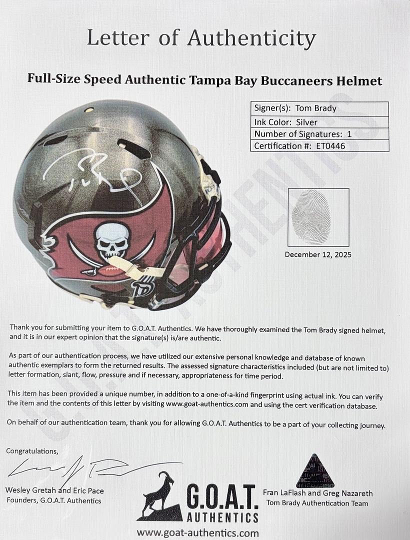 Tom Brady signed Buccaneers Autographed Authentic Riddell Helmet - Fanatics and GOAT COA