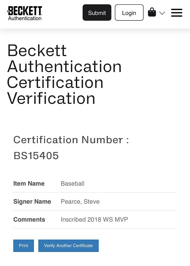 Steve Pearce signed 2018 World Series baseball w/MVP inscription - Beckett COA