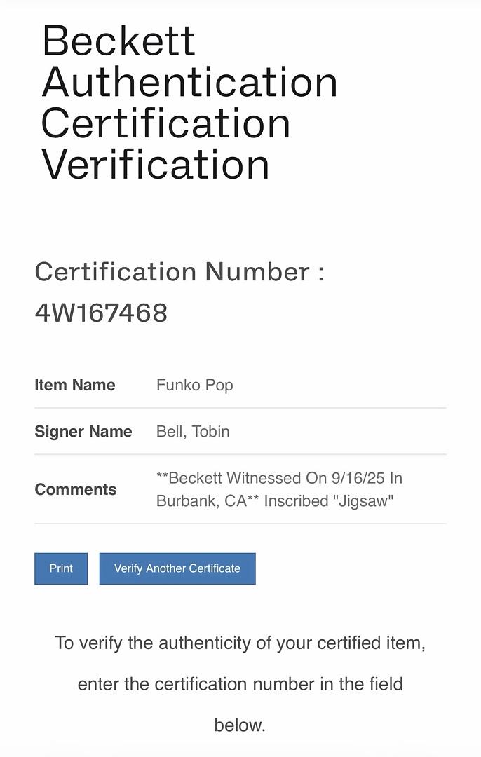 Tobin Bell "Jigsaw" signed Funko Pop #1820 (Saw) w/character name - Beckett COA