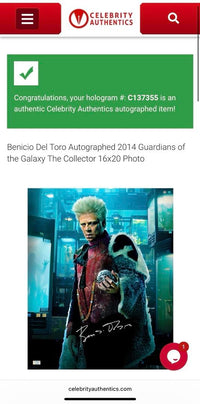 Benicio Del Toro signed 16x20 "Guardians of the Galaxy" - Celebrity Authentics COA