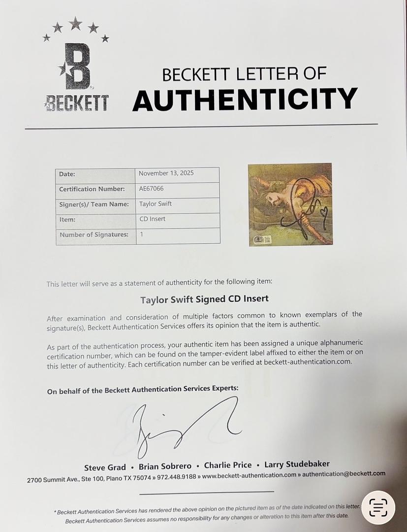 Taylor Swift matted, signed "Life of a Showgirl" CD Insert Photo 2 - Beckett COA with full Letter of Authenticity