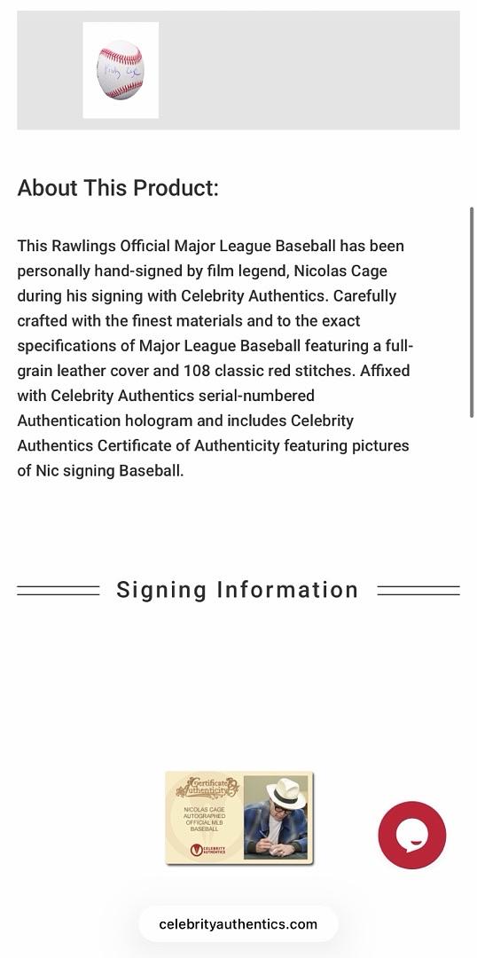 Nicholas Cage signed baseball *RARE* - Celebrity Authentics