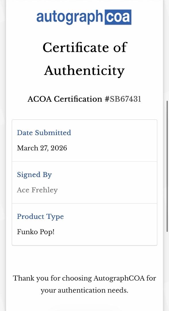Ace Frehley Signed Funko Pop #123 "The Spaceman" (KISS) - ACOA COA