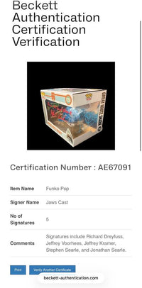 Richard Dreyfuss, Jeffrey Kramer, Jeffrey Vorhees, Stephen and Jonathan Searle, Signed Funko Pop #1754 (Jaws) - Beckett COA #03