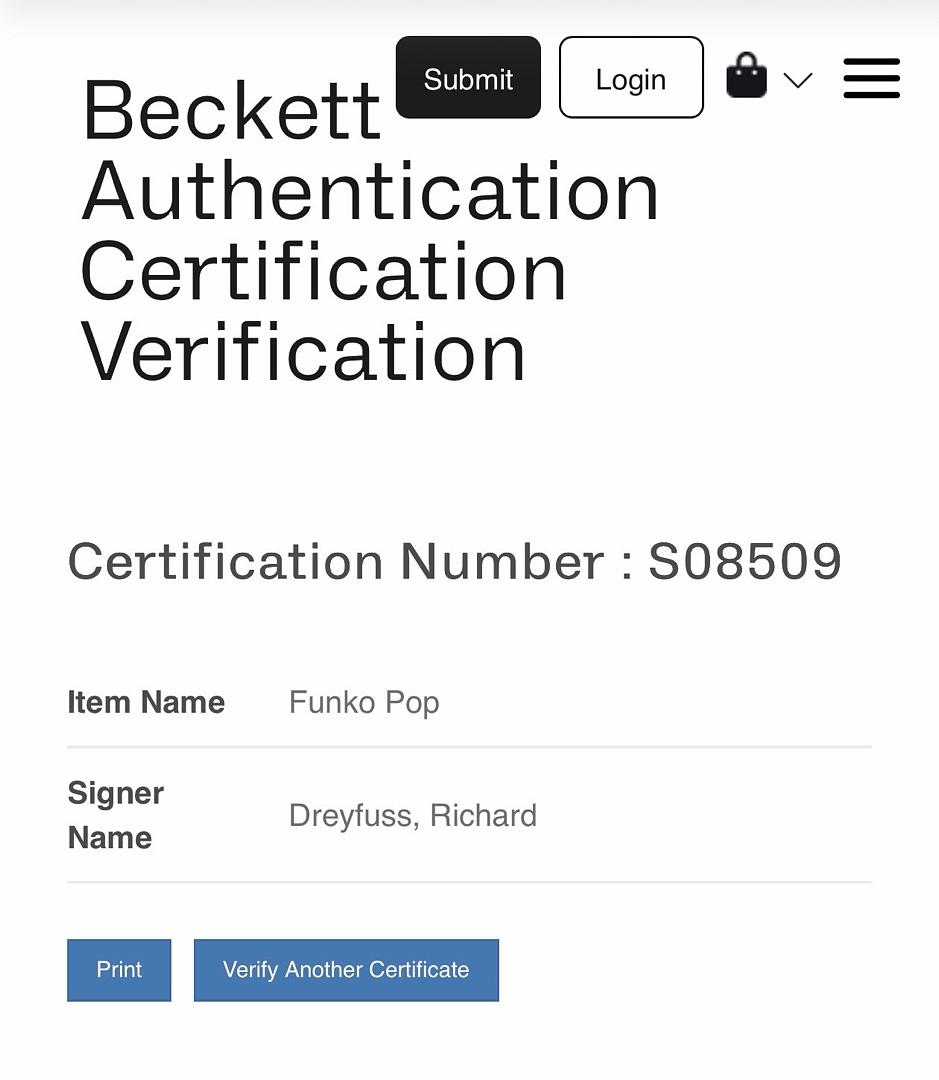 Richard Dreyfuss Signed Funko Pop #756 Matt Hooper (Jaws) - Beckett COA
