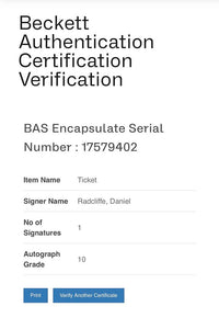 Daniel Radcliffe Encapsulated, Signed & Graded 10 Replica Hogwarts Train Ticket - Beckett