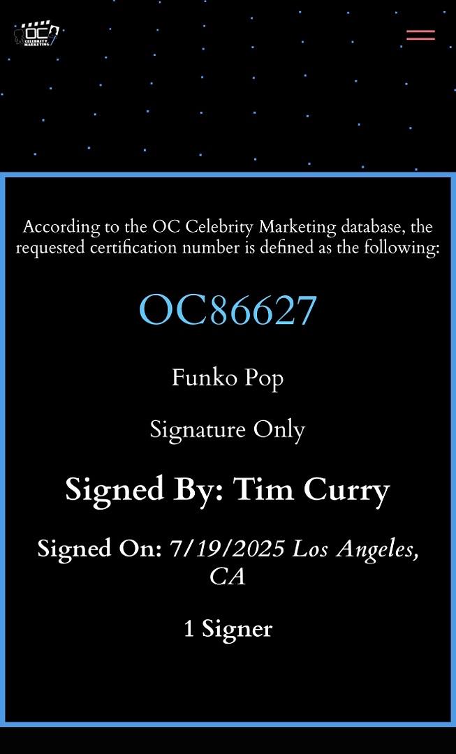 Tim Curry Signed Funko Pop #55 "Pennywise" (IT) - OC Celebrity Marketing COA