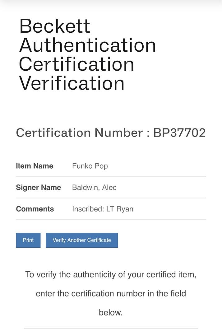 Alec Baldwin signed U.S. Marines Funko (USMC) w/ Lt. Ryan inscription - Beckett COA *RARE*