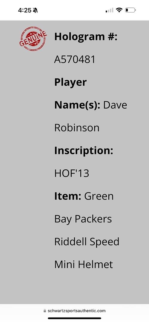 Dave Robinson (Packers) signed mini-helmet w/HOF inscription - Schwartz COA