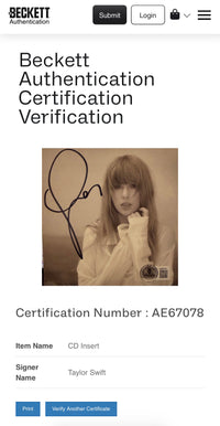 Taylor Swift signed CD Insert "The Manuscript" - JSA COA