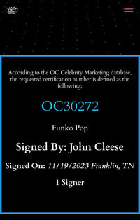 John Cleese Signed Funko Pop #199 "Monty Python and the Holy Grail" - OC Celebrity Marketing