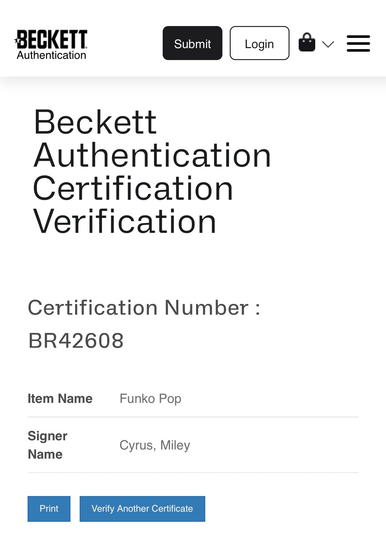 Miley Cyrus Signed Funko Pop #1347 (Hannah Montana)  - Beckett COA
