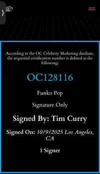 Tim Curry signed Funko #1912 "Frank-N-Furter" (Rocky Horror Picture Show) - OC Celebrity Marketing (Copy) (Copy)