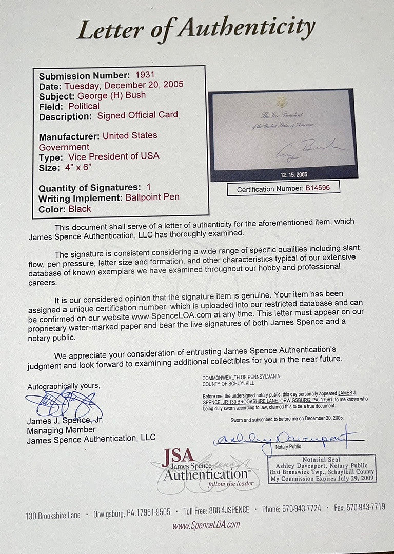 George Bush Signed Vice President Seal Card - JSA COA w/full letter of authenticity