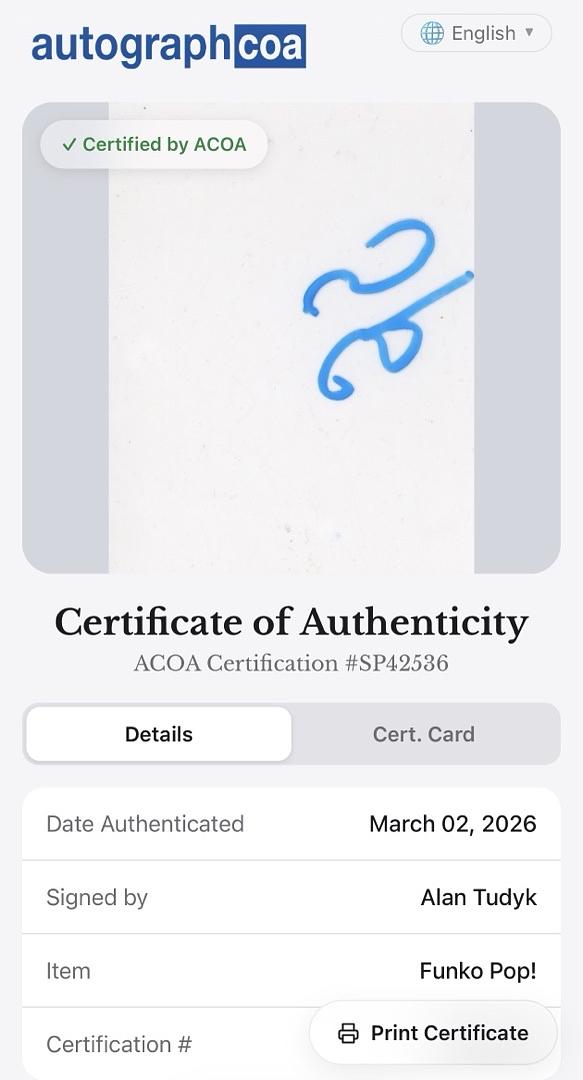 Alan Tudyk signed "K-2S0" Funko #146 (Star Wars) - ACOA COA