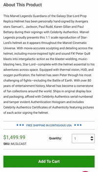 Chris Pratt, Samuel L. Jackson, Paul Bettany, Paul Rudd & Karen Gillan signed helmet - *RARE* Celebrity Authentics