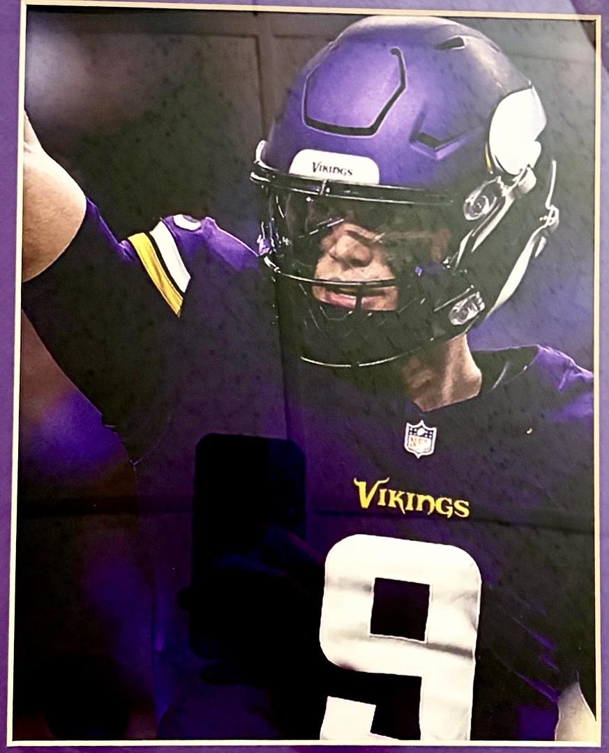 J.J. McCarthy 34x42 signed framed Vikings Jersey - Beckett COA