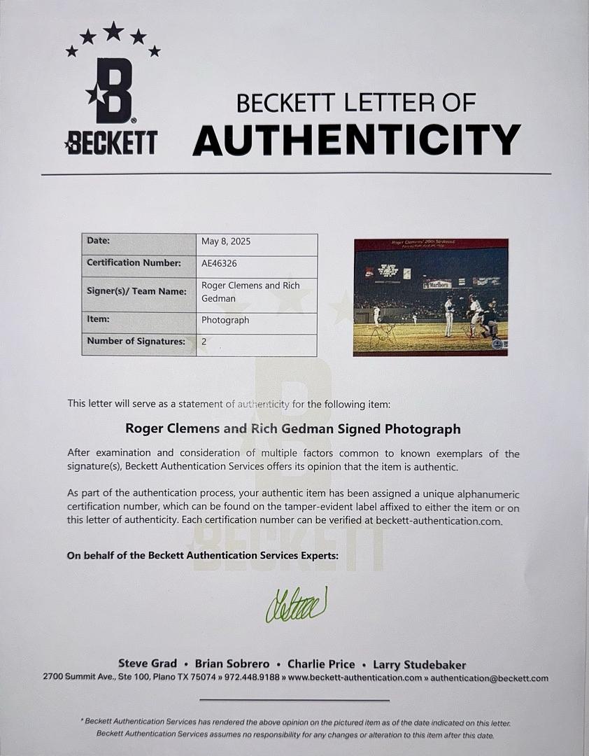 Roger Clemens and Rich Gedman signed 8x10 (magazine page) - Beckett COA w/full letter of authenticity