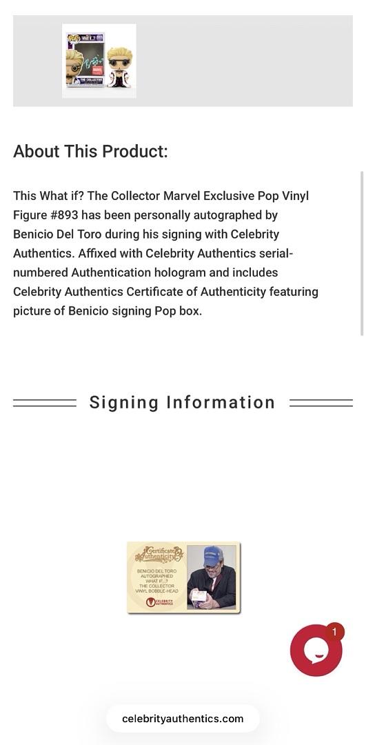 Benicio Del Toro Signed Funko Pop #893 The Collector (GOTG)  - Celebrity Authentics