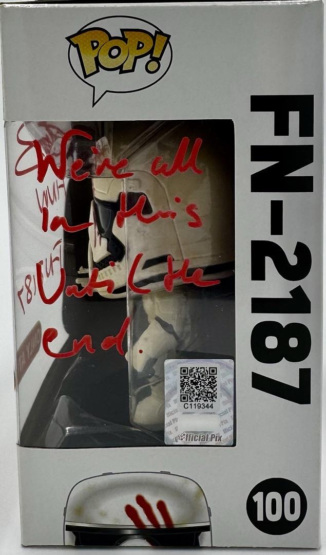 John Boyega signed "FN-2187" Funko Pop #100 w/character name and long quote - Official Pix COA