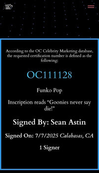 Sean Astin signed "Mikey" Funko #1067 (The Goonies) w/quote- OC Celebrity Marketing COA