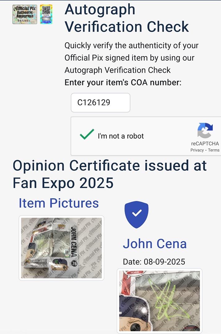 John Cena signed Funko #76 WWF - Official Pix COA