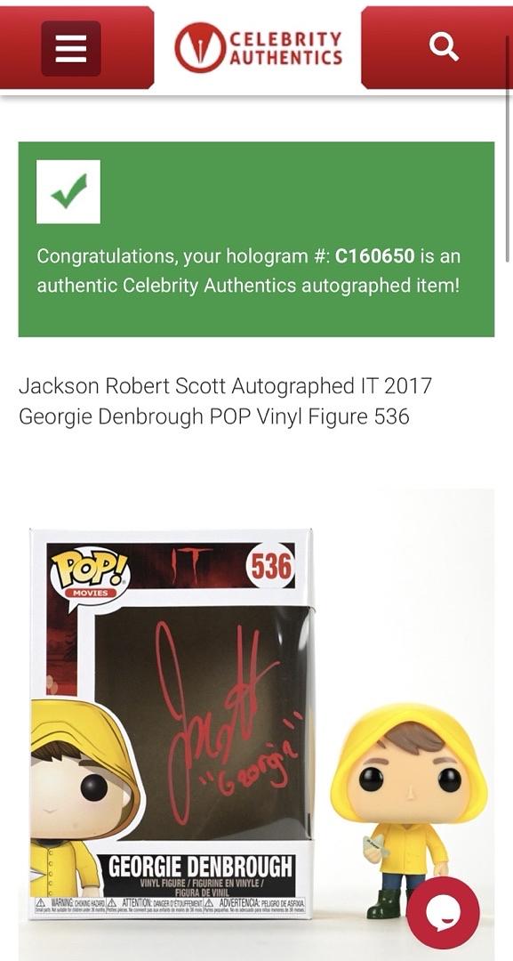 Jackson Robert Scott Signed Funko Pop #536 "Georgie Denbrough" (IT) w/character name - Celecrity Authentics