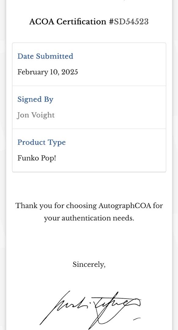 Jon Voight signed "Coach Kilmer" Funko #1868 (Varsity Blues) - ACOA COA