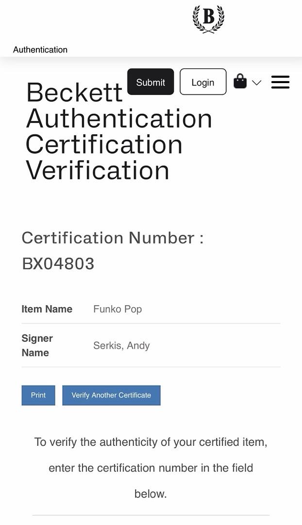 Andy Serkis Signed Funko Pop #1831 "Gollum" (LOTR) - Beckett COA
