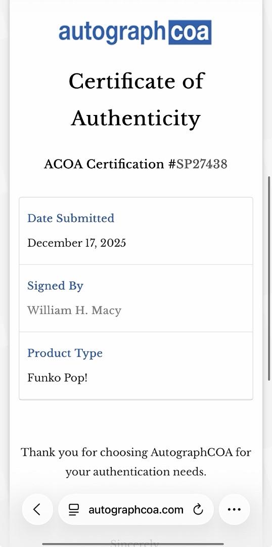 William H. Macy signed "T-Rex" Funko #1716 - ACOA COA